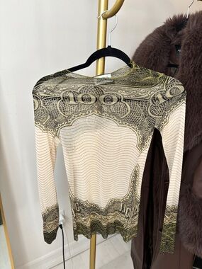 Jean Paul Gaultier Cream and Olive Script-Print Long Sleeve Top